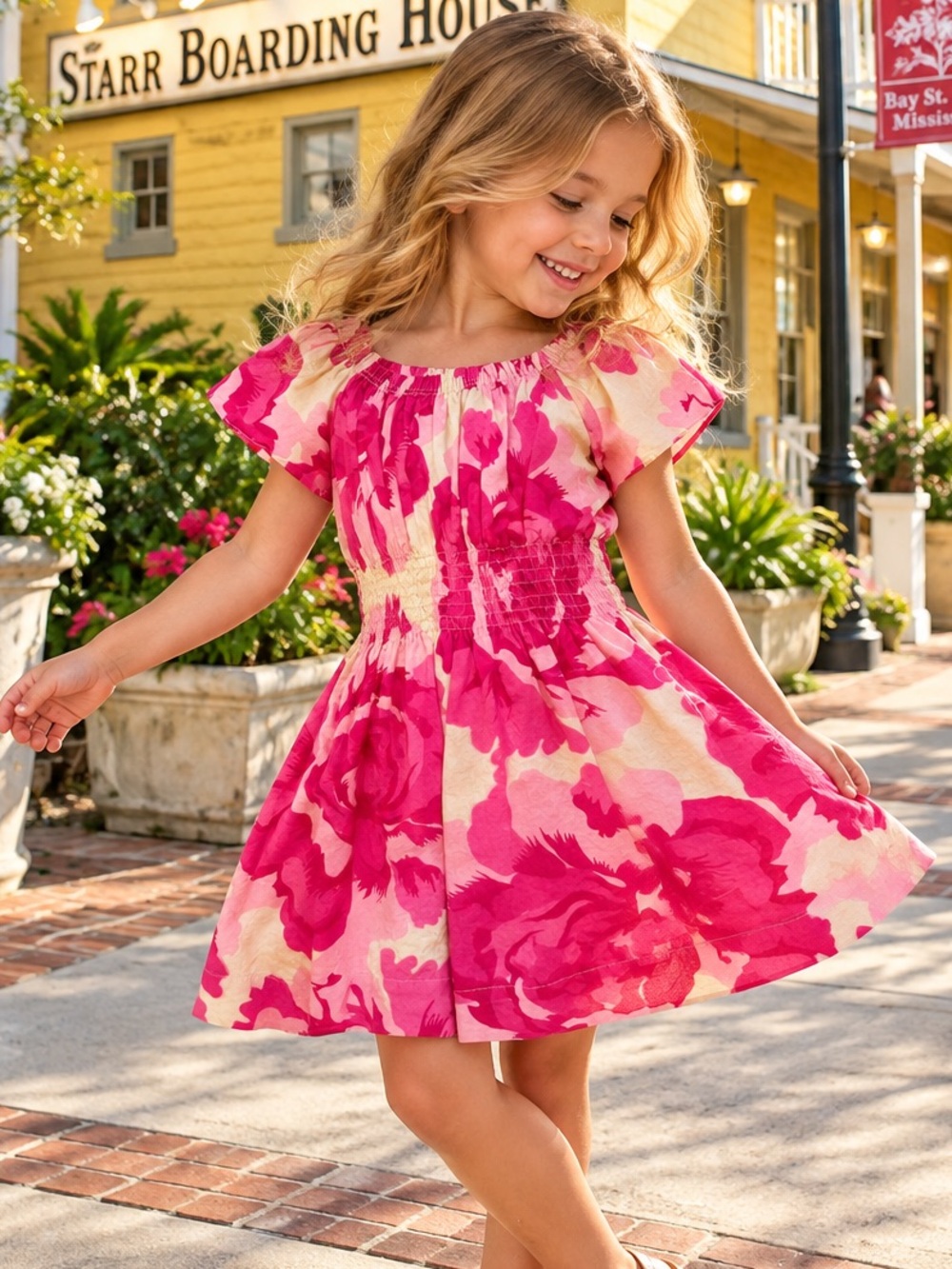Kit+Lili Girls Pink Floral Cotton Smocked Flutter Sleeve Dress 4Y